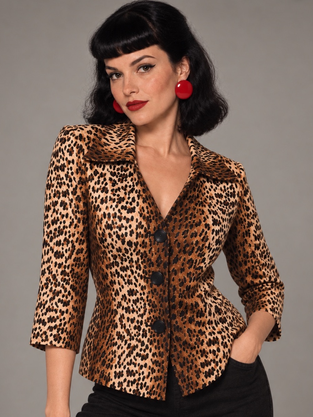 Vintage soft leopard print top, v neck, black button down- 3/4 sleeve. 8-10